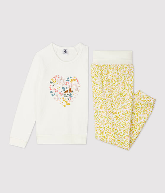 Pijama con flores de niña de rizo cepillado amarillo OCRE/blanco MARSHMALLOW