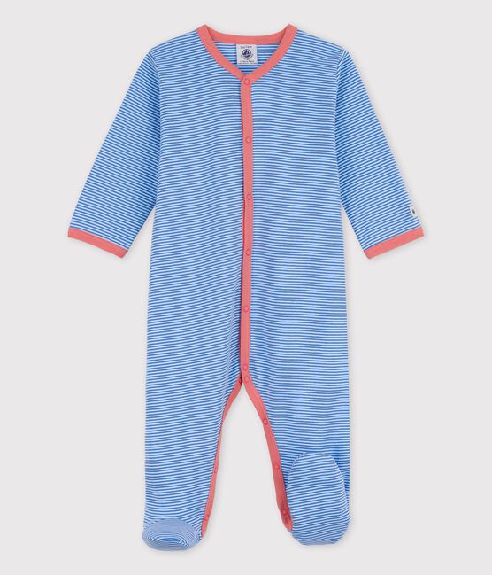 Pelele de bebé a rayas de algodón orgánico azul BRASIER/gris MARSHMALLOW