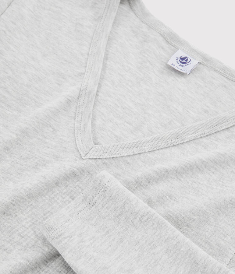 Camiseta de cuello de pico emblem&aacute;tica de algod&oacute;n de mujer gris