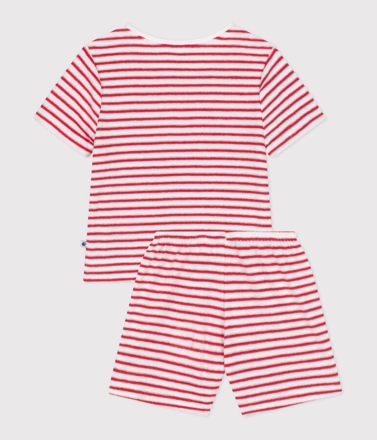 Pijama corto infantil de algod&oacute;n de rizo a rayas blanco/rojo