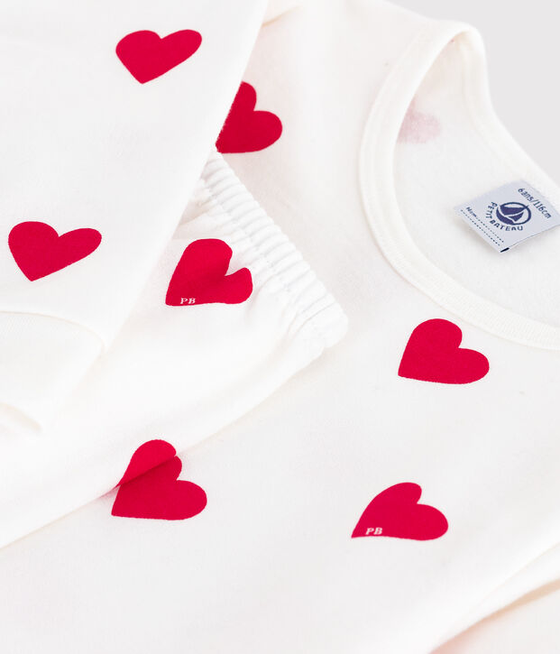 Pijama infantil de felpa con estampado de corazones blanco/rojo