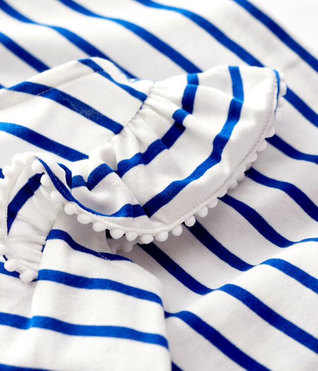 Vestido de manga corta de algod&oacute;n de ni&ntilde;a blanco/azul