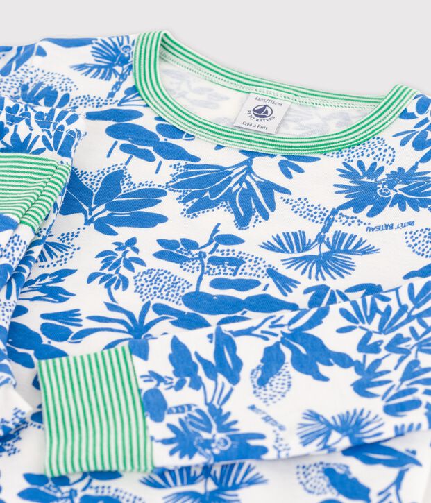 Pijama con estampado vegetal de algod&oacute;n de ni&ntilde;o blanco/azul