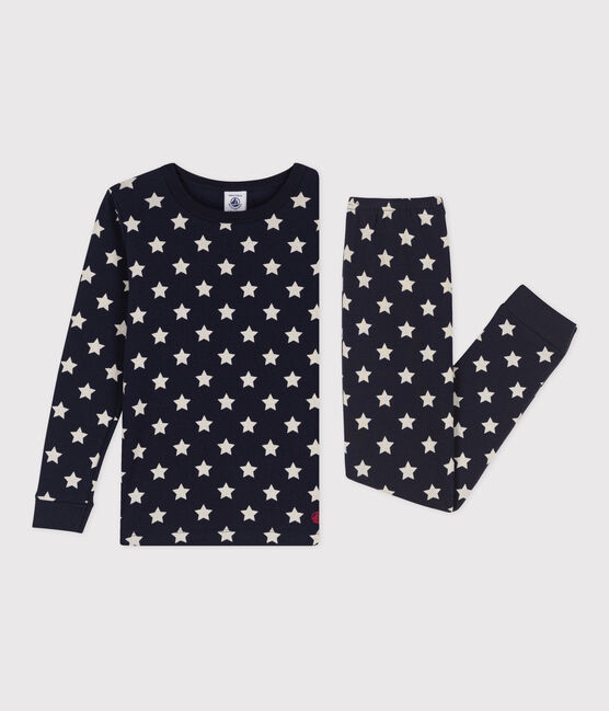 Pijama de algodón ajustado con estrellas para niño/niña azul SMOKING/blanco MARSHMALLOW