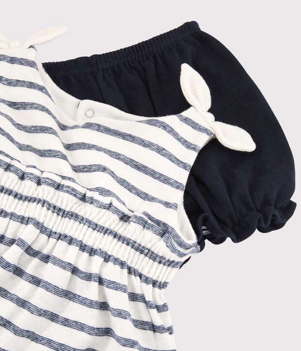 Conjunto de blusa + braguitas bloomer de algod&oacute;n/lino de beb&eacute; ni&ntilde;a blanco/azul