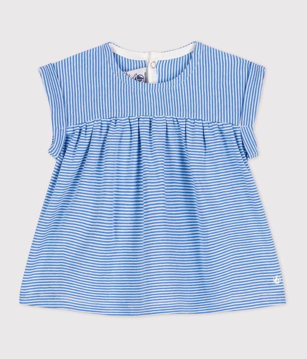 Blusa de manga corta de algod&oacute;n ecol&oacute;gico de beb&eacute; azul/blanco