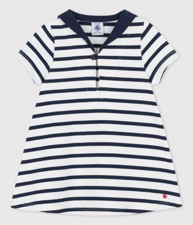 Vestido con cuello marinero de jersey grueso ecol&oacute;gico de beb&eacute; blanco/azul