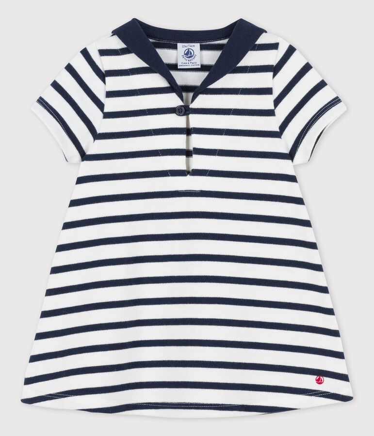 Vestido con cuello marinero de jersey grueso ecol&oacute;gico de beb&eacute; blanco MARSHMALLOW/azul SMOKING