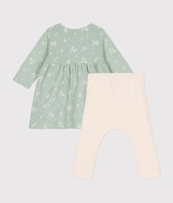 Vestido y leggings de algodón para bebé verde HERBIER/blanco MULTICO