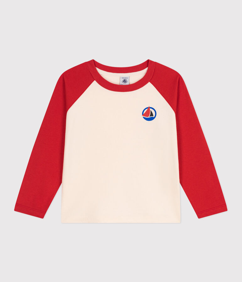 Camiseta infantil de algod&oacute;n de manga larga colorblock crudo/rojo