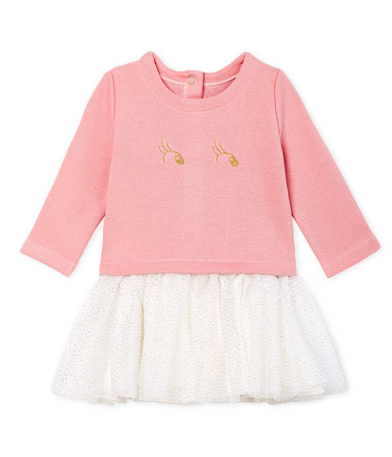 Vestido bimaterial de manga larga para beb&eacute; ni&ntilde;a rosa/multicolor