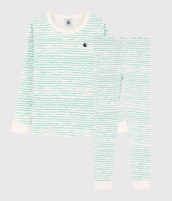Pijama snugfit con estampado de olas de algodón de niño blanco MARSHMALLOW/ VERT