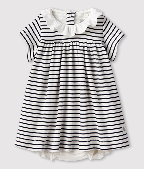 Vestido-bodi de manga corta de canalé para bebé niña blanco MARSHMALLOW/azul SMOKING