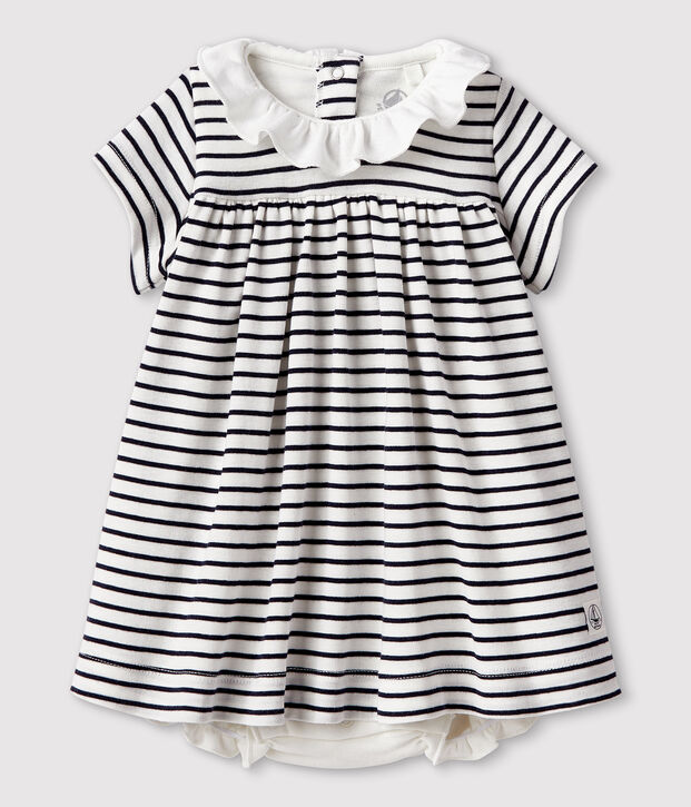 Vestido-bodi de manga corta de canal&eacute; para beb&eacute; ni&ntilde;a blanco/azul