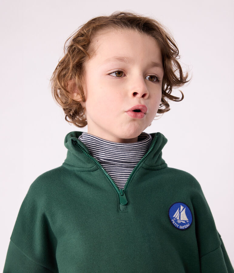 Sudadera infantil de algod&oacute;n liso con cremallera en el cuello verde