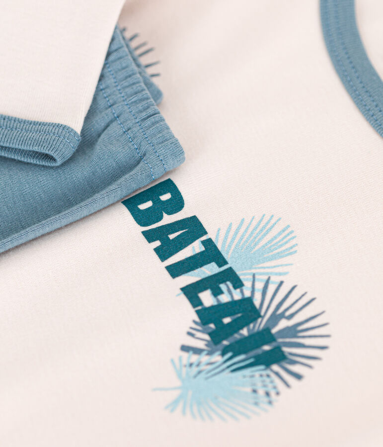 Pijama de manga larga de ni&ntilde;a de algod&oacute;n beige/azul