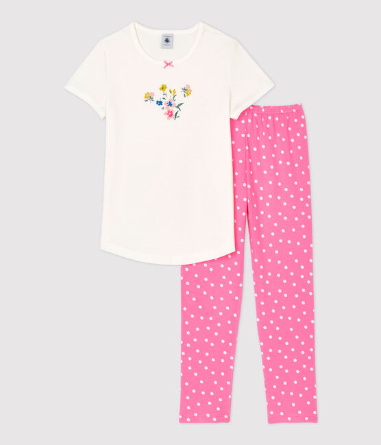 Pijama de manga corta de niña de algodón rosa PETAL/blanco MARSHMALLOW