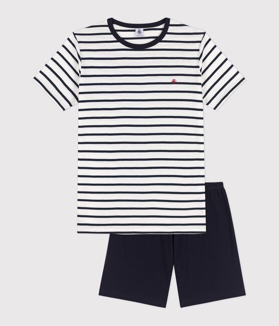 Pijama corto de rayas marineras de canalé unisex blanco MARSHMALLOW/azul SMOKING
