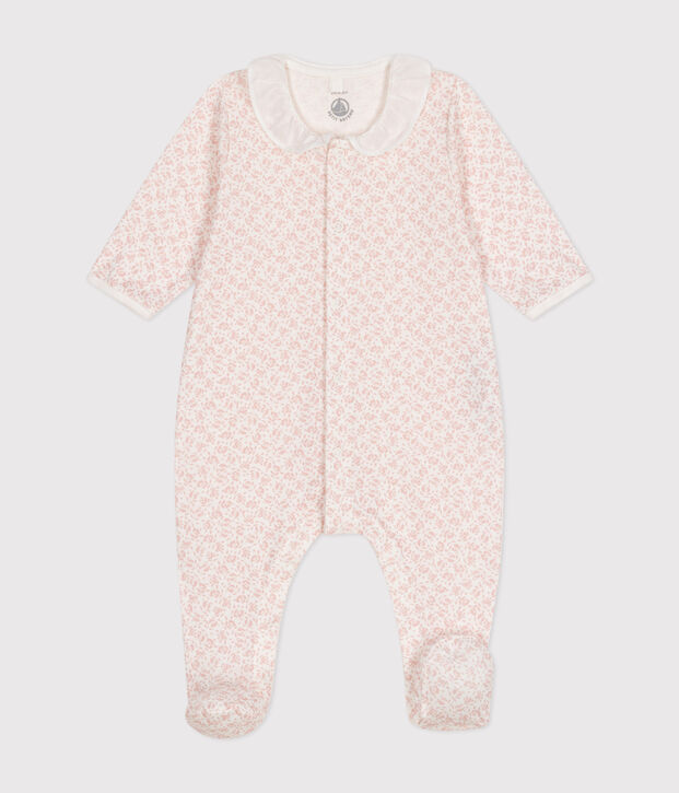 Pijama de algod&oacute;n con estampado de flores para beb&eacute; blanco/rosa
