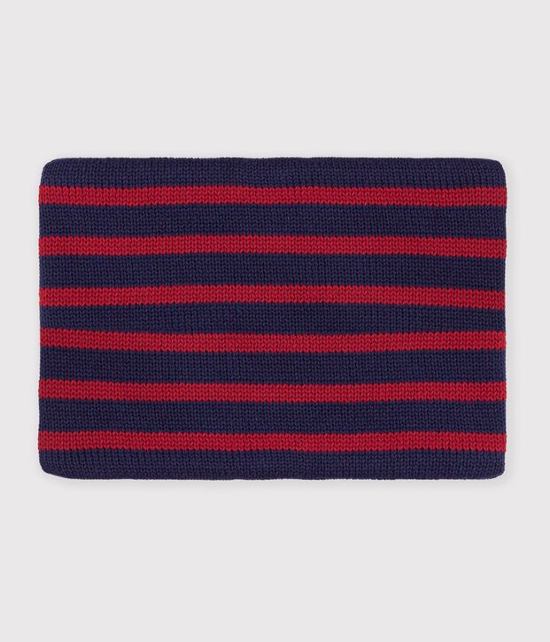 Braga de cuello infantil de punto tricotado a rayas con forro polar azul/rojo