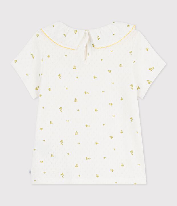 Camiseta infantil de algod&oacute;n de manga corta con estampado de flores blanco/verde