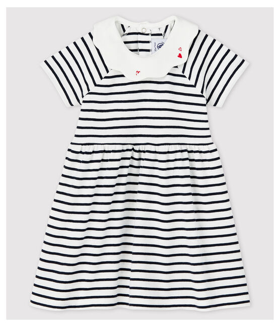 Vestido de manga corta de canalé de rayas de bebé niña blanco MARSHMALLOW/azul SMOKING
