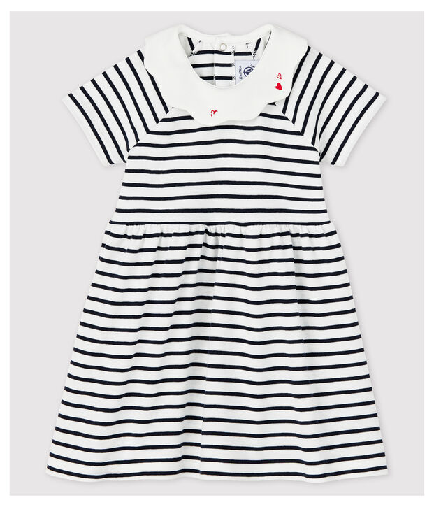 Vestido de manga corta de canal&eacute; de rayas de beb&eacute; ni&ntilde;a blanco/azul