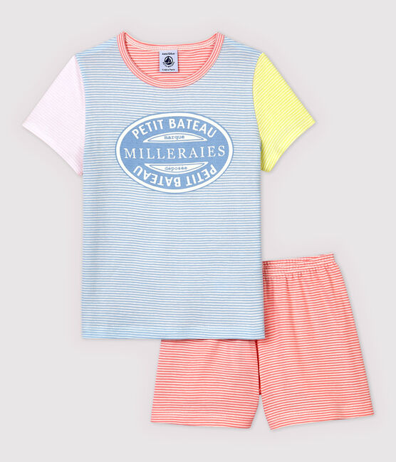 Pijama corto mil rayas de colores de niña de algodón azul JASMIN/blanco MULTICO