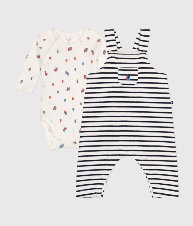 Conjunto de peto y body de algod&oacute;n para beb&eacute; blanco/azul