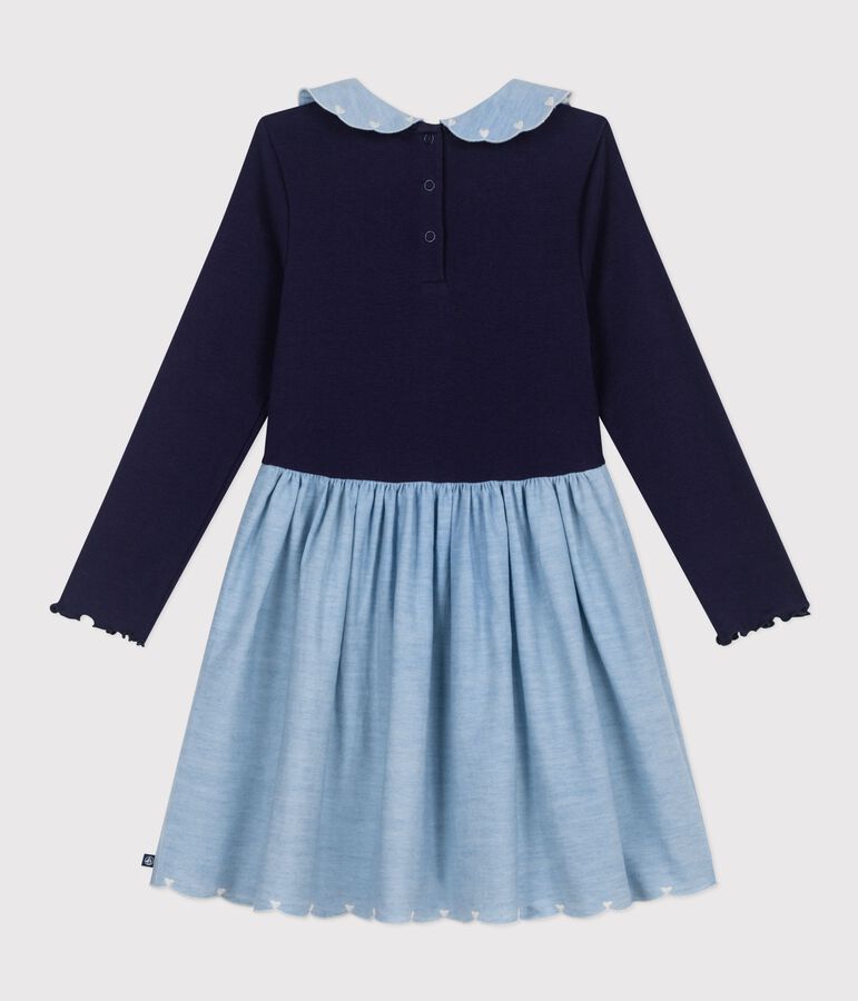 Vestido infantil de manga larga de dos materiales con algod&oacute;n azul