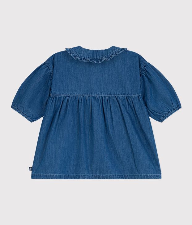 Vestido denim de manga larga con cuello para beb&eacute; azul