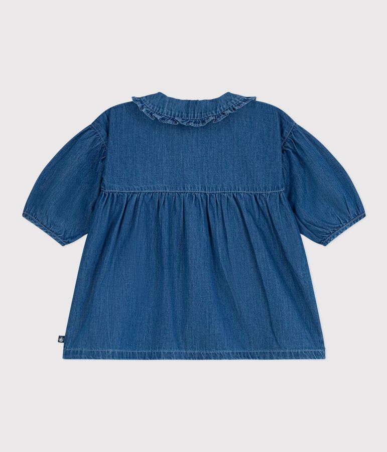 Vestido denim de manga larga con cuello para beb&eacute; azul