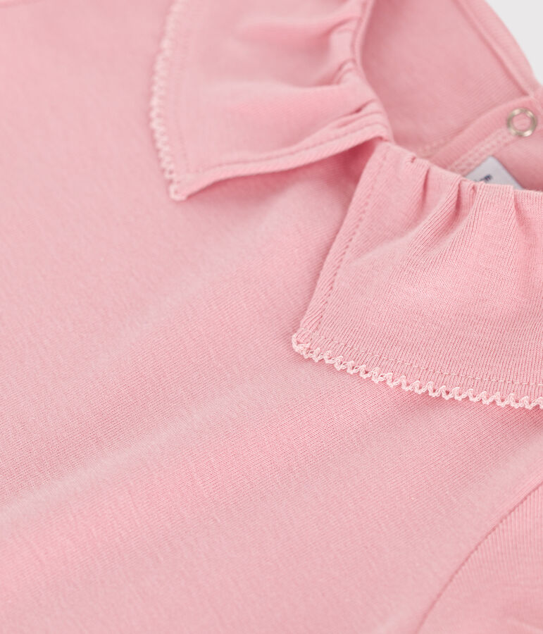 Camiseta infantil lisa de manga corta de algod&oacute;n con cuello rosa