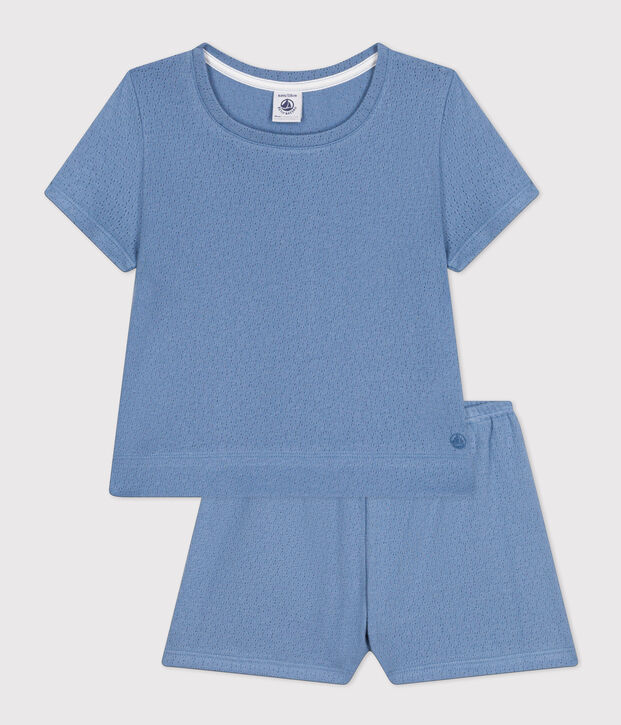 Pijama corto y liso de algod&oacute;n calado para ni&ntilde;a azul