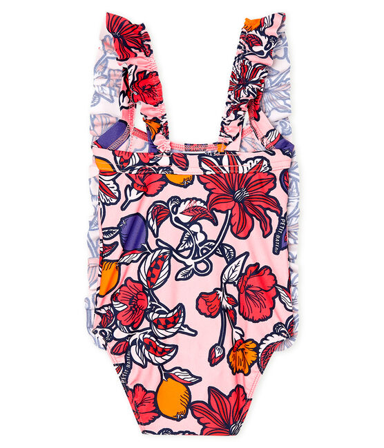 Traje de baño de 1 pieza ecorresponsable para bebé niña rosa MERVEILLE/blanco MULTICO