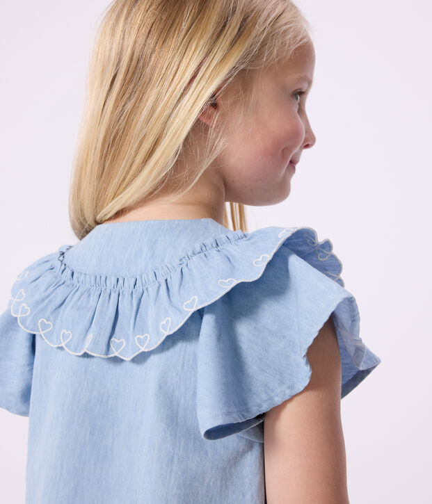 Blusa infantil lisa de manga corta de algod&oacute;n azul