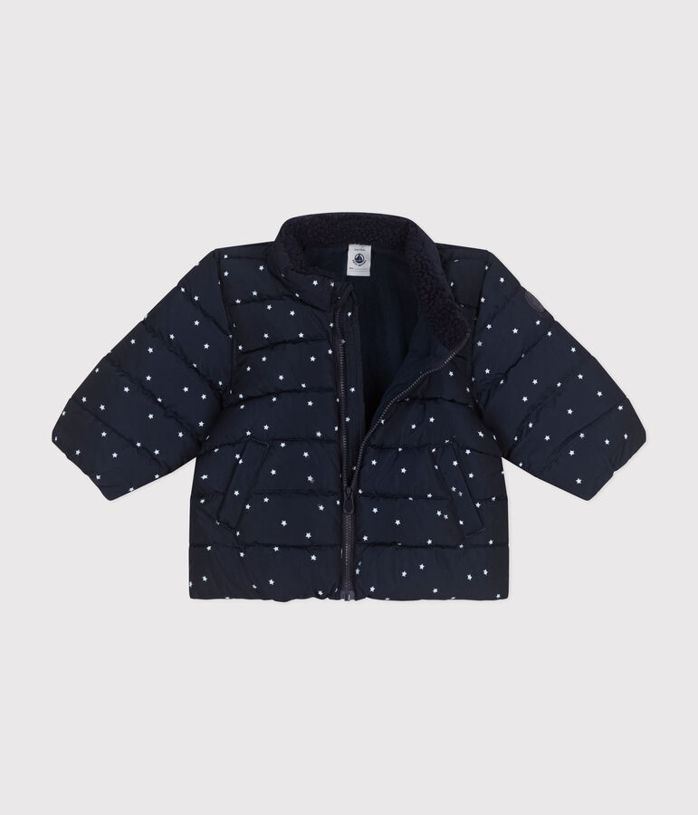 Plum&iacute;fero estampado con capucha plegable para beb&eacute; azul/blanco