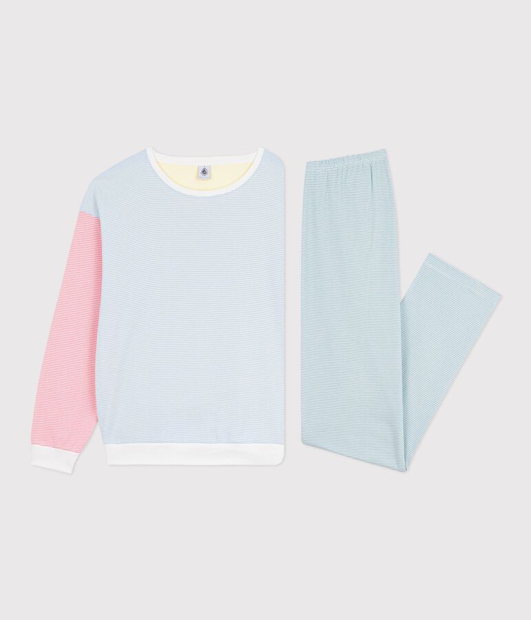 Pijama de algod&oacute;n a rayas para mujer blanco MARSHMALLOW/blanco MULTICO