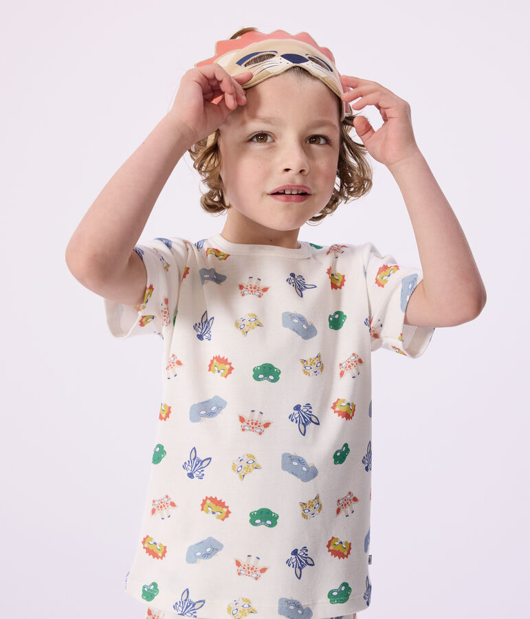 Pijama corto tipo disfraz infantil de algod&oacute;n con estampado de m&aacute;scaras blanco/multicolor