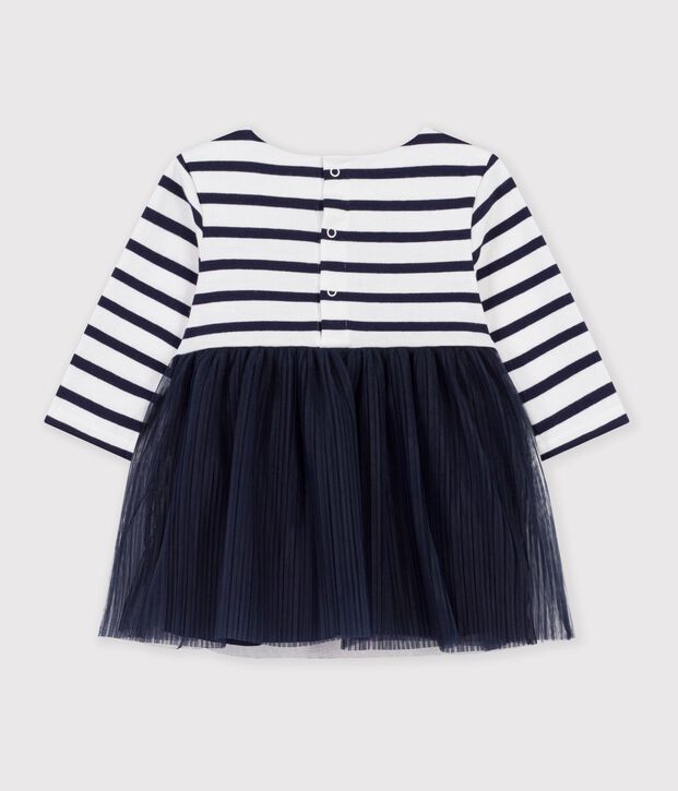 Vestido de dos materiales de manga larga a rayas para beb&eacute; blanco/multicolor