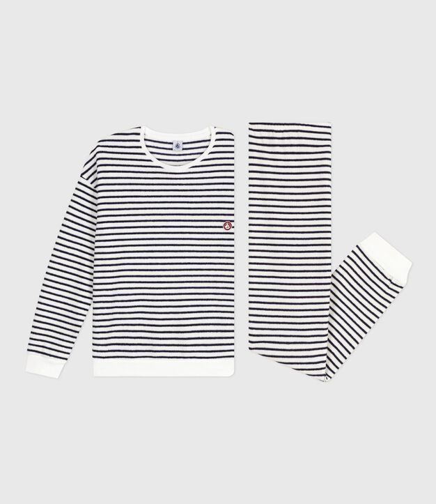 Pijama de rizo de algod&oacute;n a rayas para mujer azul/azul