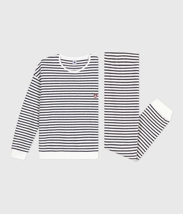 Pijama de rizo de algod&oacute;n a rayas para mujer azul/azul