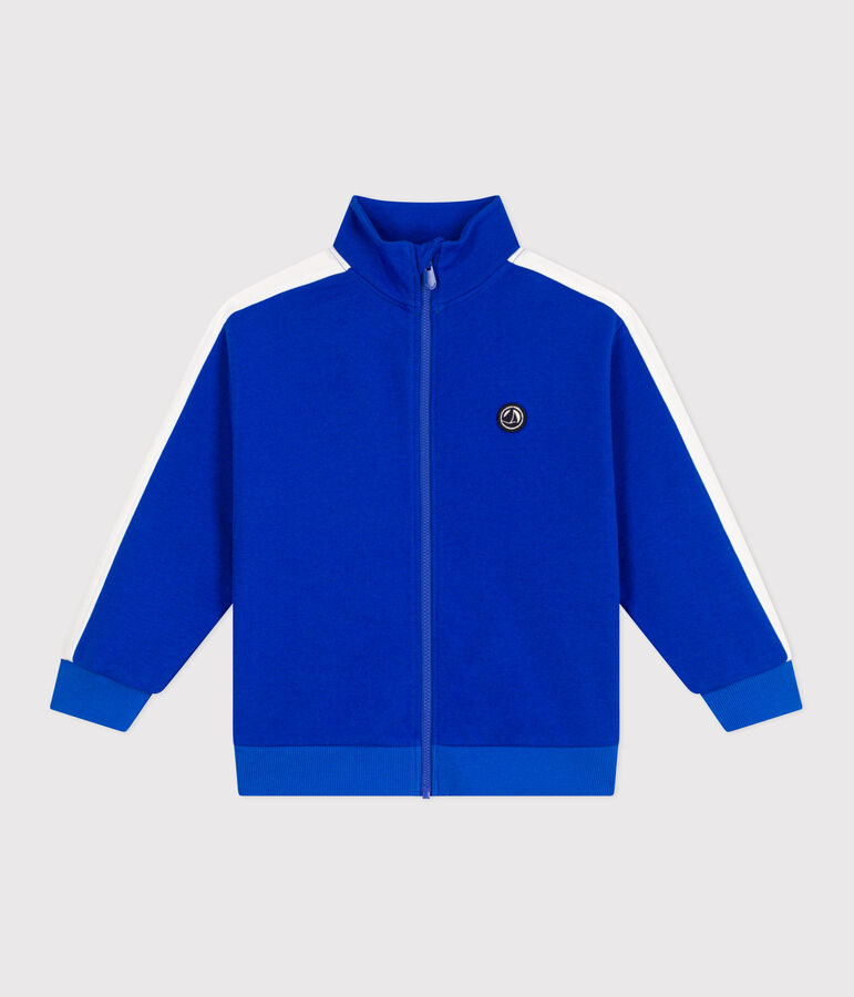 Sudadera infantil de algod&oacute;n liso con cuello alto con cremallera azul