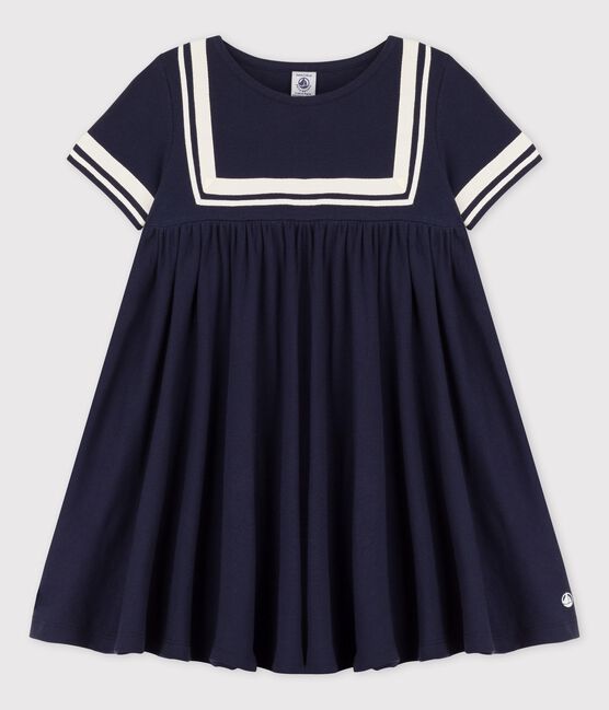 Vestido de manga corta de algodón orgánico de niña azul SMOKING