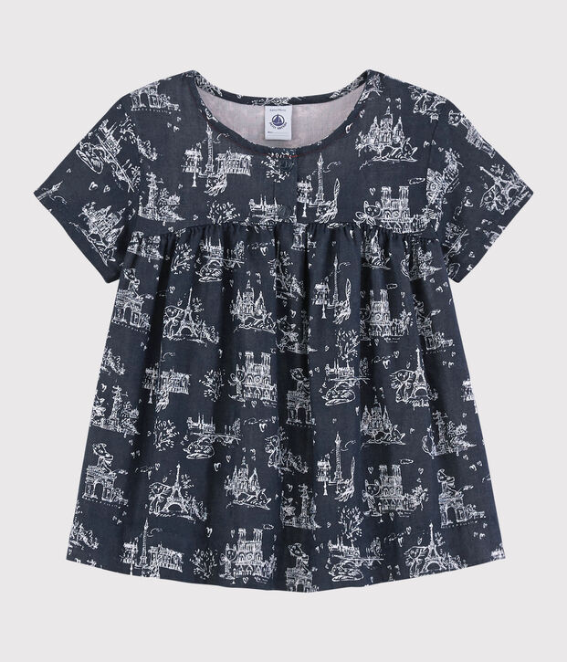 Blusa de manga corta de tejido tubular de ni&ntilde;a azul/blanco
