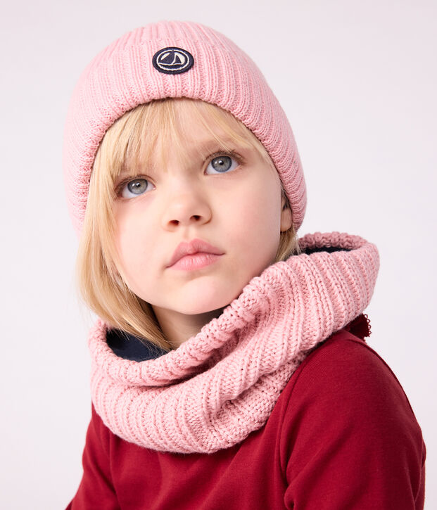 Gorro infantil de punto tricotado con forro polar rosa