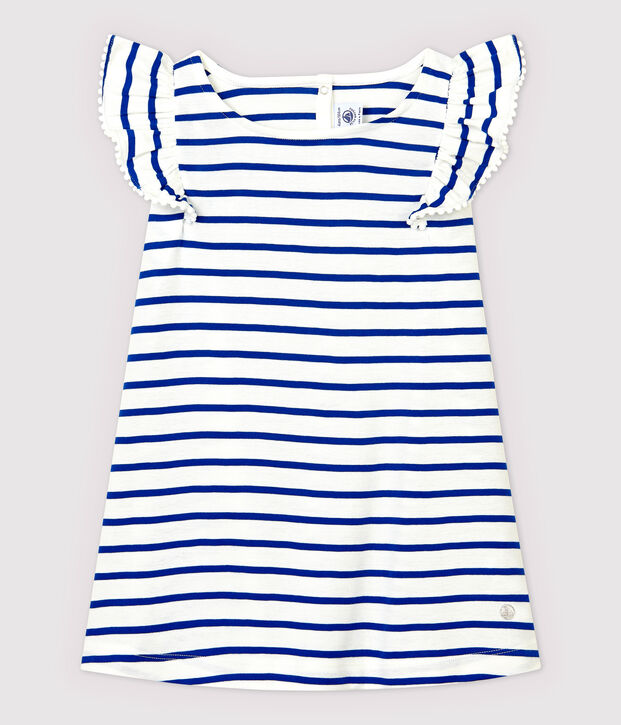 Vestido de manga corta de algod&oacute;n de ni&ntilde;a blanco/azul