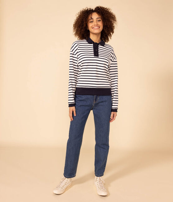 Marinera tipo polo de algodón para mujer blanco MARSHMALLOW/azul SMOKING