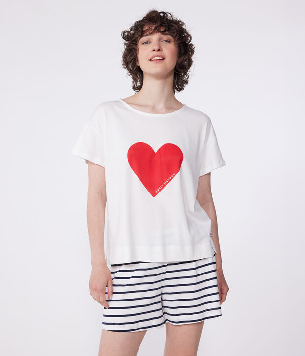 Pijama corto de algod&oacute;n con estampado de corazones para mujer blanco/azul