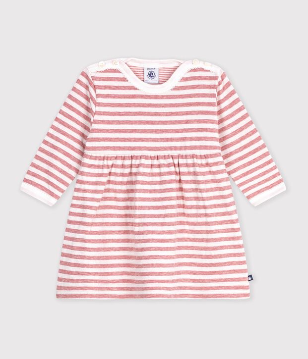 Vestido de manga larga de algod&oacute;n a rayas para beb&eacute; rosa/crudo